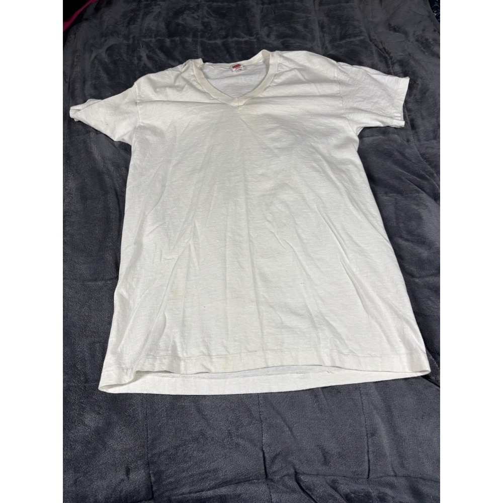 Vintage 80s Hanes Blank White T-Shirt Sz XL V-Neck Made In USA Single Stitch